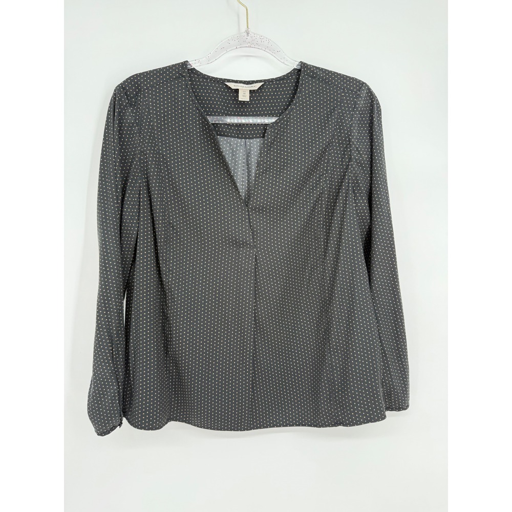 Banana Republic Petite Sz M Blouse Charcoal Gold Micro Polka Dot Split V-Neck